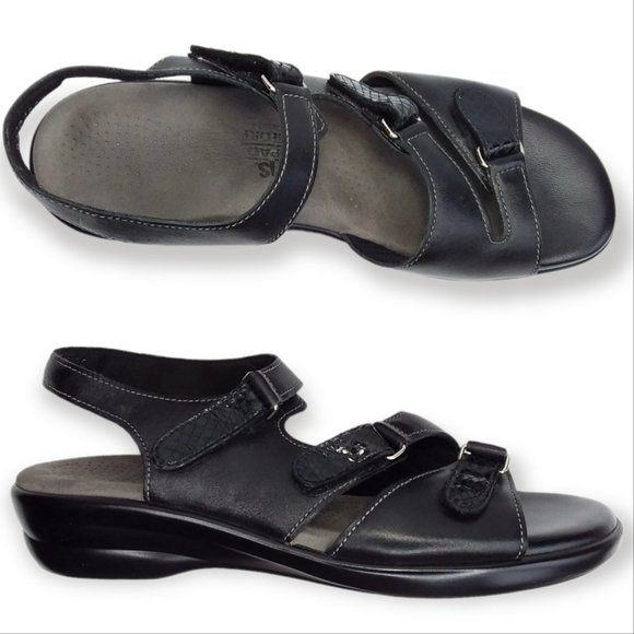 SAS Tabby Slingback Sandals Size 8.5 NARROW Black Leather Adjustable Comfort - Picture 1 of 11